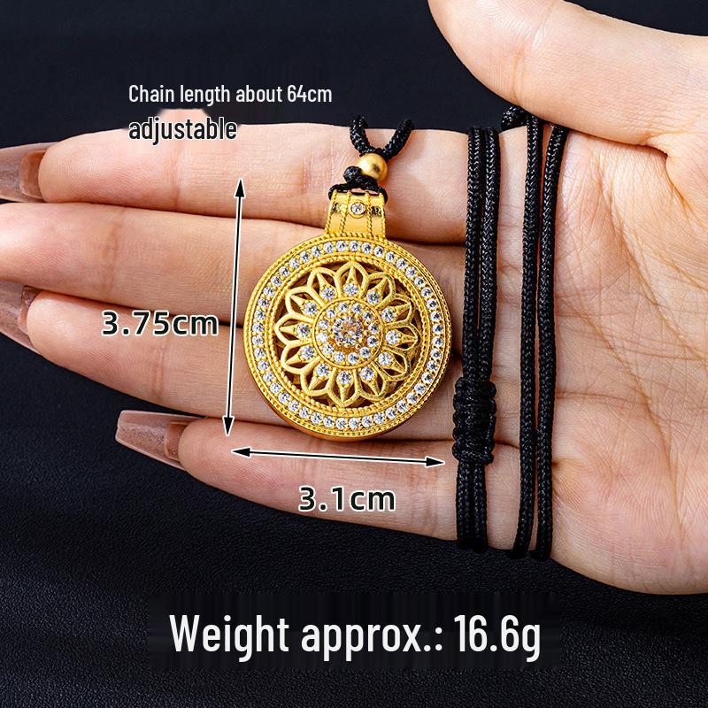 Vietnam Sand Gold Eight Treasures Compass Pendant Necklace - Trendy Court Style with Diamond-Set Hollow Flower Design for Women
