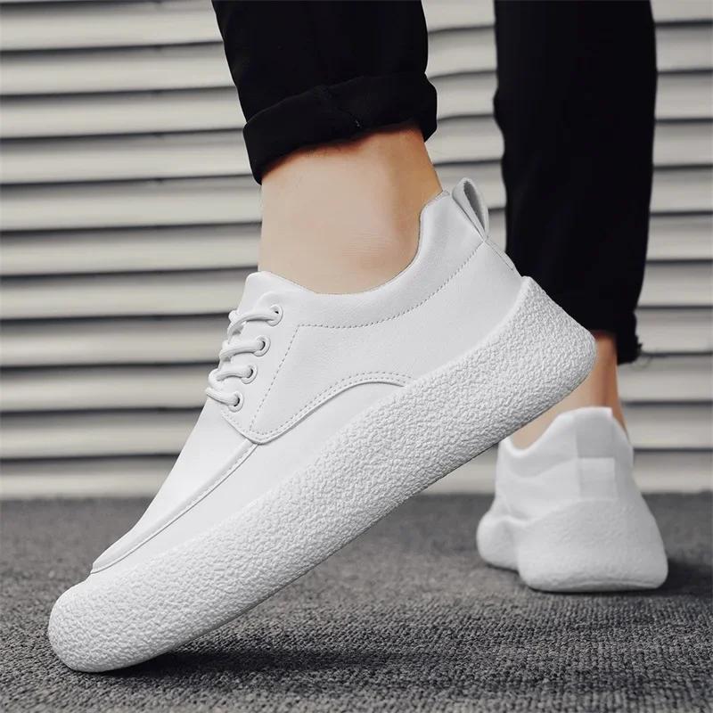 Трендовая мужская кожаная повседневная обувь дышащая удобная универсальная белая обувь — фото 5