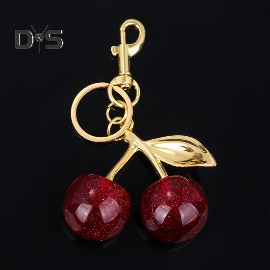 Keychain Bag Charm with Golden Shimmering Resin Cherries Hypoallergenic Steel Key Pendant Bag Wallet Accessory