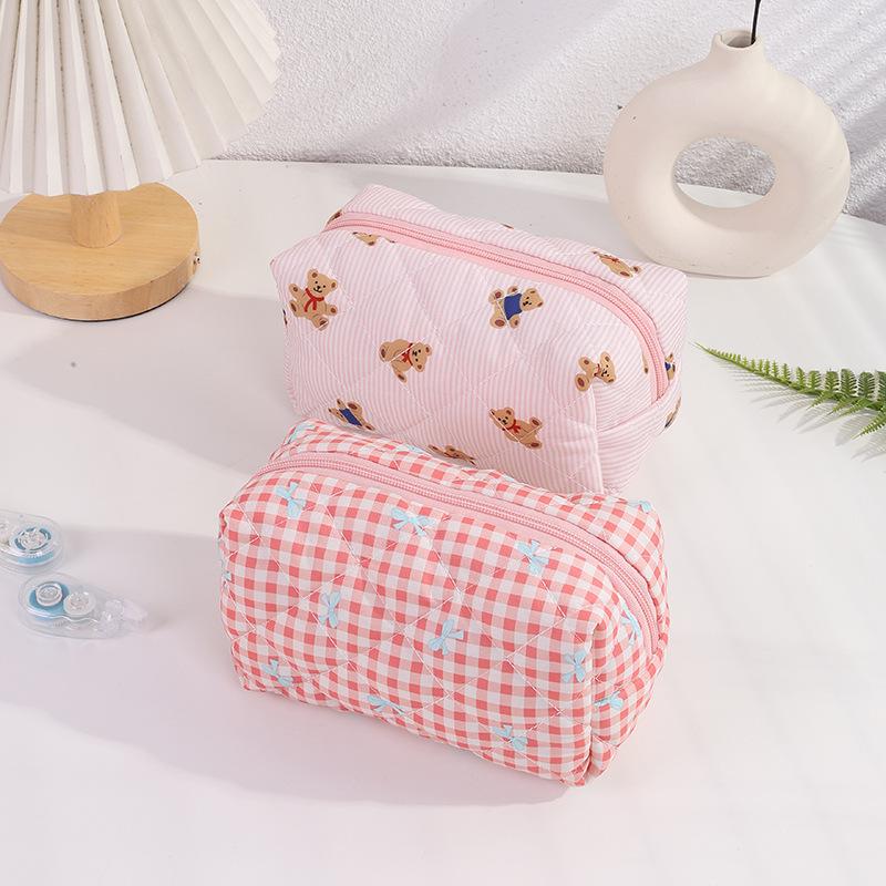 Cute Plaid Bow Bear Pen Case Cosmetic Bag Girly Makeup Storage Bag Portable Large Capacity Organizer Bag Student Stationery Gift
