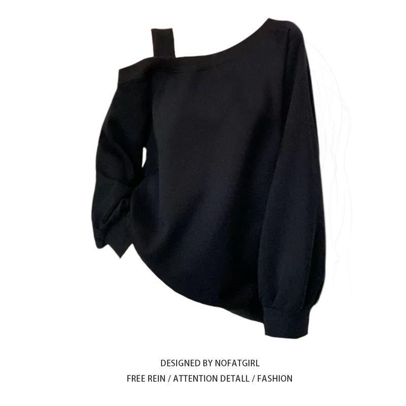 

Plus Size Chubby Girl Black Diagonal Collar Long Sleeves Sweatshirt Women s Autumn New Lazy Wind Stylish Pure Desire Wind off-Shoulder Tops Black Sweatshirt M