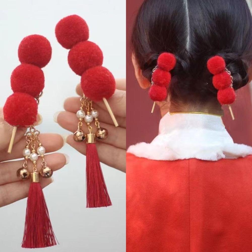 Fuzzy Ball Hanfu Hair Clip Pearl Girl Headdress Festive Chinese New Year Side Clip Photo Props