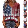 Women's Fashionable Casual Independence Day American Flag and Stars Print V-Neck Three-Quarter Sleeve T-Shirt Top