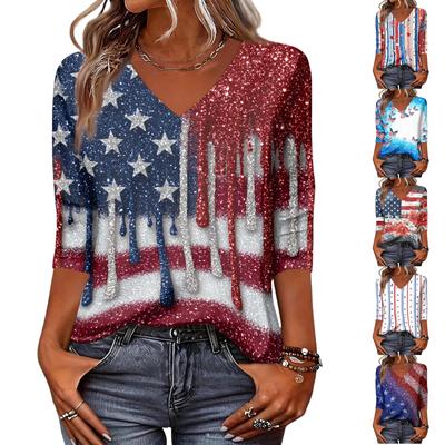 Modisches Lässiges Damen-T-Shirt Top mit Amerikanischer Flagge und Sternen Print, V-Ausschnitt, Dreiviertelärmel, zum Unabhängigkeitstag