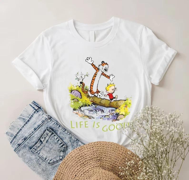 

Funny Calvin Movie Hobbes Life Quote Shirts, Cute Comic Vintage Tee Shirts M