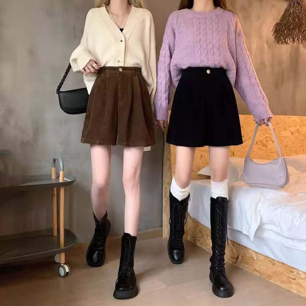 Stripe Women Corduroy Shorts High Waist Loose Streetwear Casual Wide Leg Short Pants  Ladies