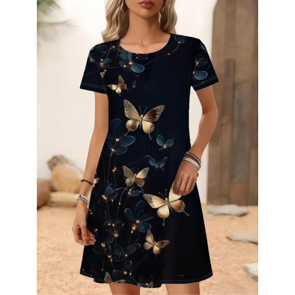 Comfortable Versatile Crew Neck T-Shirt Dress Casual Loose Daily Casual Dresses S
