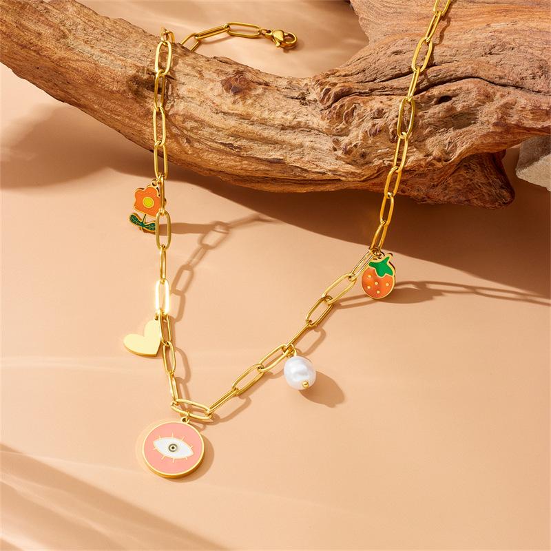 Cartoon Cute Painted Oil Drop Heart Flower Pearl Pendant Chain Titanium Steel Necklace