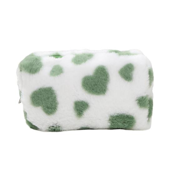 Fuzzy Makeup Bag Fluffy Plush Zipper Cosmetic Pouch with Heart Pattern Cute Pencil Case Travel Toiletry