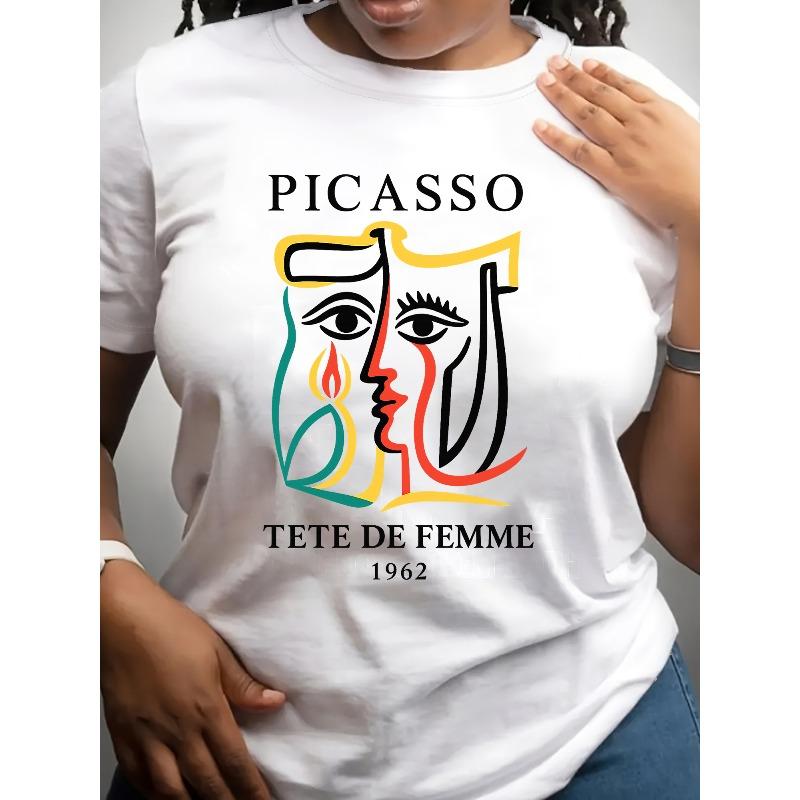 

Women s Picasso Cubist Portrait T-Shirt - Iconic Artist Style Short Sleeve Round Neck Casual Top, Cubism Artwear for Spring Summer Fall, S белый