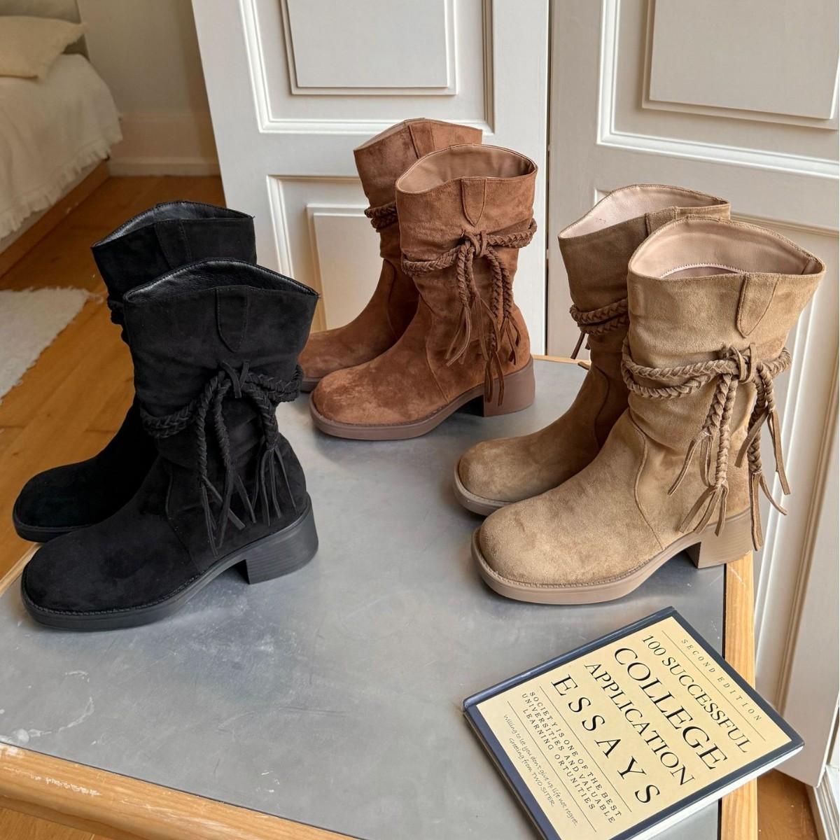 

2025 новые замшевые женские ботинки с круглым носком, низким голенищем, ремешком-бантом, толстым каблуком, до колена, в западном стиле 39 абрикосовый