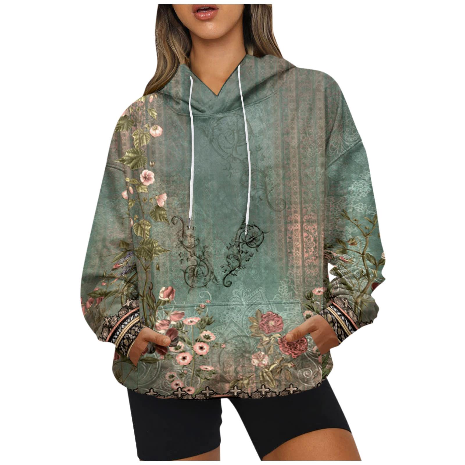 

Женская винтажная толстовка с принтом, повседневная удобная свободная легкая женская толстовка с длинным рукавом и круглым вырезом XXXL зелёный