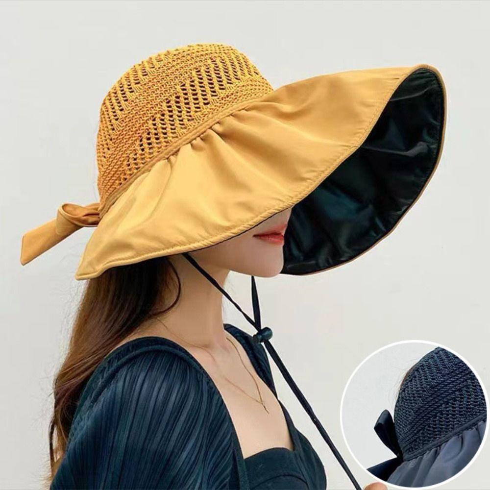 

UV Protection Beach Hat Soft Large-brim Hat Fashion Hollow Knitted Sun Hats чорний