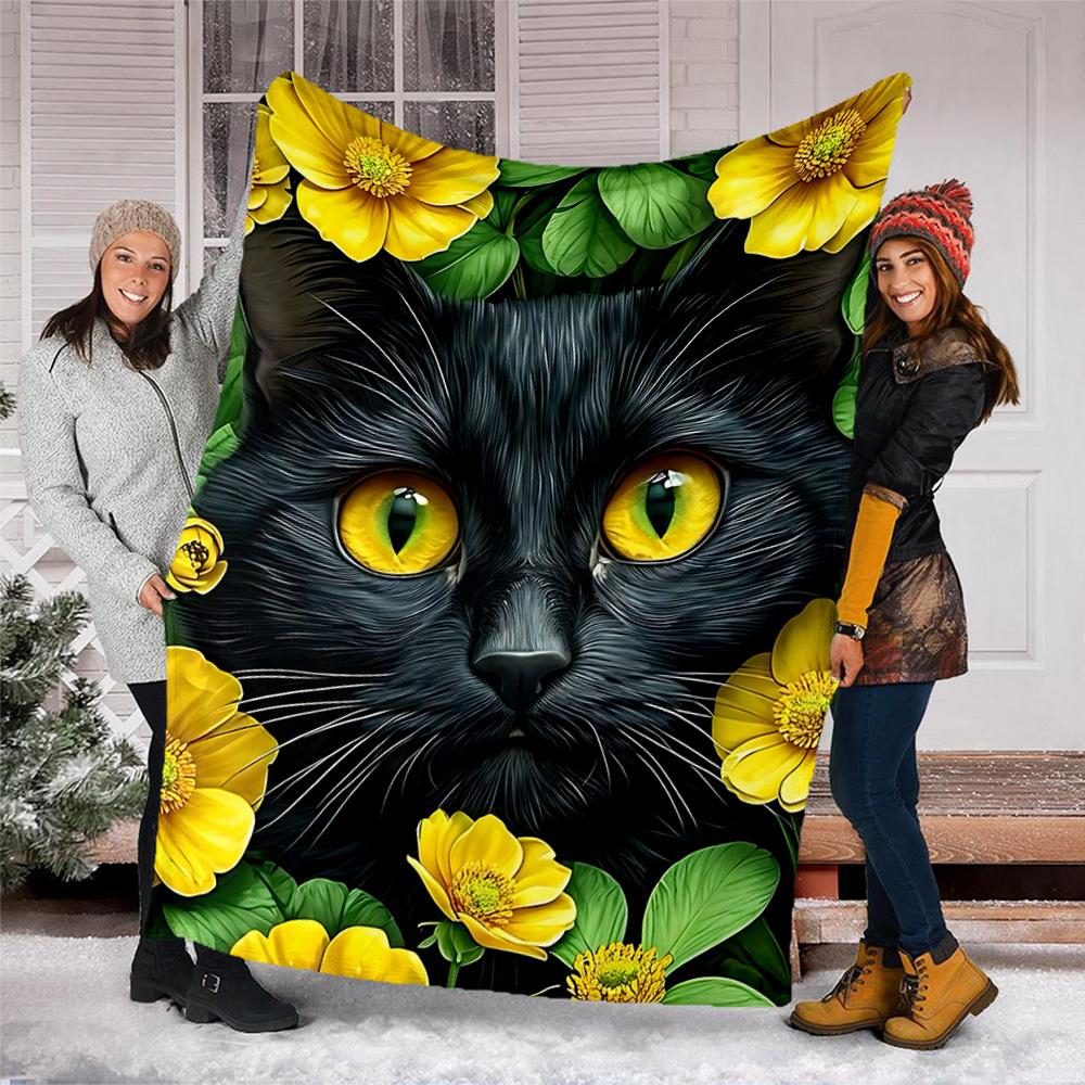 1pc Black Cat Print Print Outdoor Blanket, Lightweight Polyester,