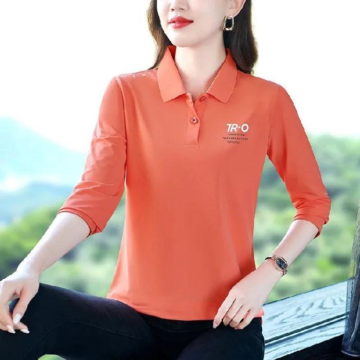 Spring Autumn Long Sleeve Printed T-Shirt Women Thin Casual Loose Slimming Belly Covering Turn-down Collar Top