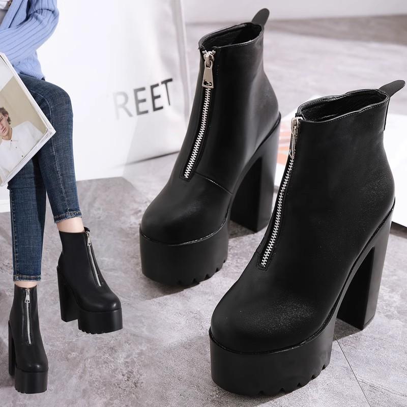 Μόδα 14CM INS Δερμάτινες Γυναικείες Μποτάκια Αστραγάλου Πλατφόρμα Ψηλά Τακούνια Μαύρο Λευκό Κοντά Μποτάκια Χειμώνας Γοτθικά Πανκ Τακούνια Παπούτσια Πάρτι Κυρίες