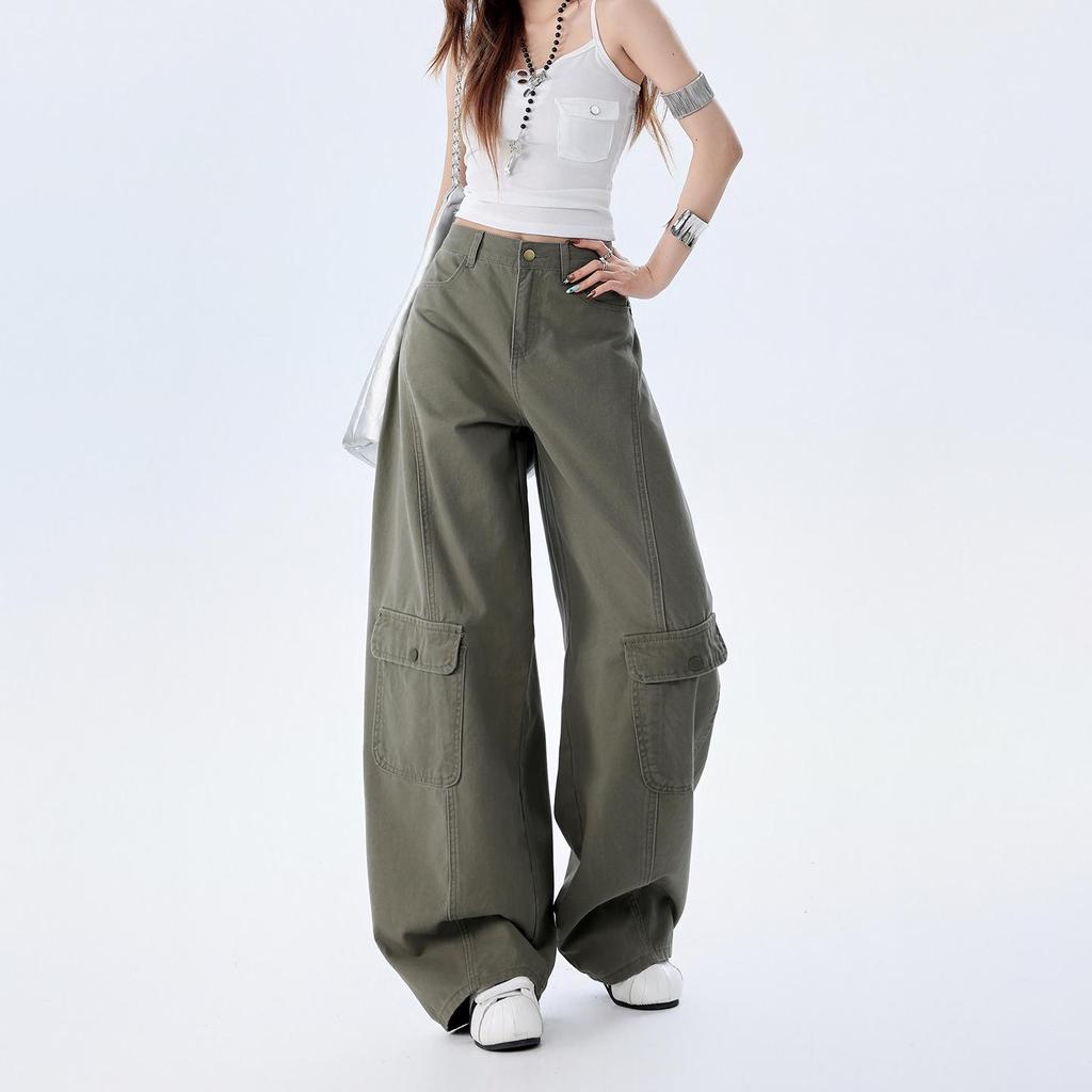 2026 Spring Trendy Military Green Curved Leg Workwear Jeans – Casual, Loose, and Versatile Drape for Women