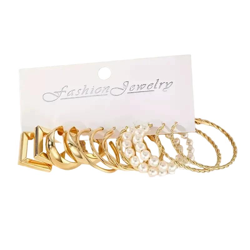 6 Pairs Earrings Golden Geometric Square Grace Ear Hoops Jewelry Sets Imitation Pearl