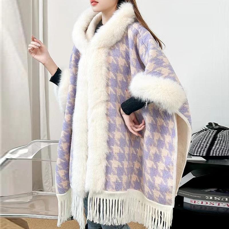 Cloak Shawl Wool Jacket Women'S Winter Hooded Medium Long Fleece Thickened Versatile Plaid Fringed Cloak Coat