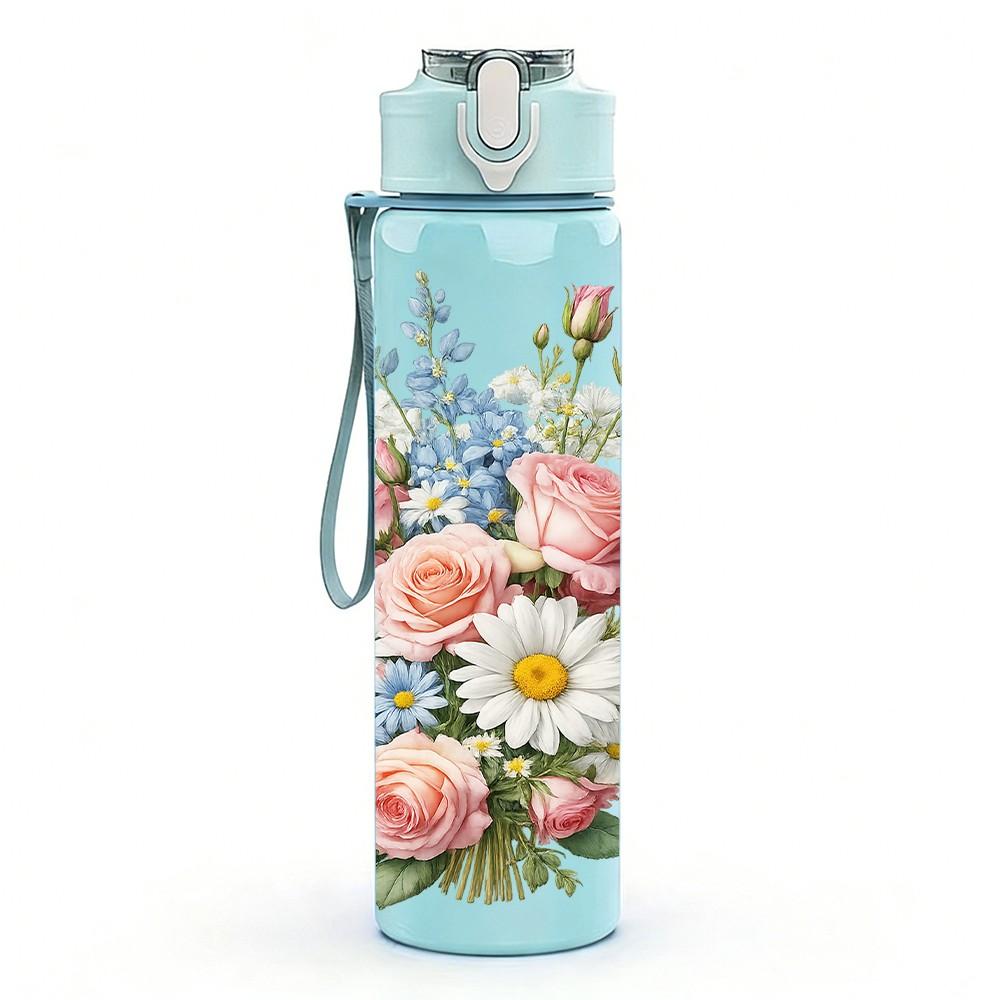 1PC Soft Mixed Pastel Bouquet 750ml Color Plastic Sports Water Bottle Leakproof Flip Straw Lid Suitable for Sports Office Home Use