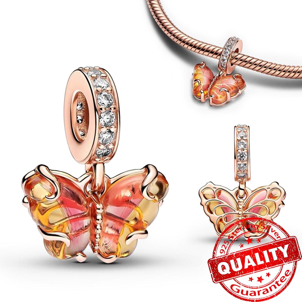 Sparkling Rose Gold Pavé Triple-Row Beads Pink Gem Entwined Hearts Charm Fits Brand Bracelet For Copper Necklace