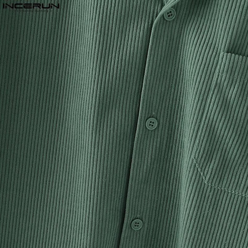 INCERUN Oversized Men Turn Down Collar Long Sleeve Texture Loose Casual Shirts Tops