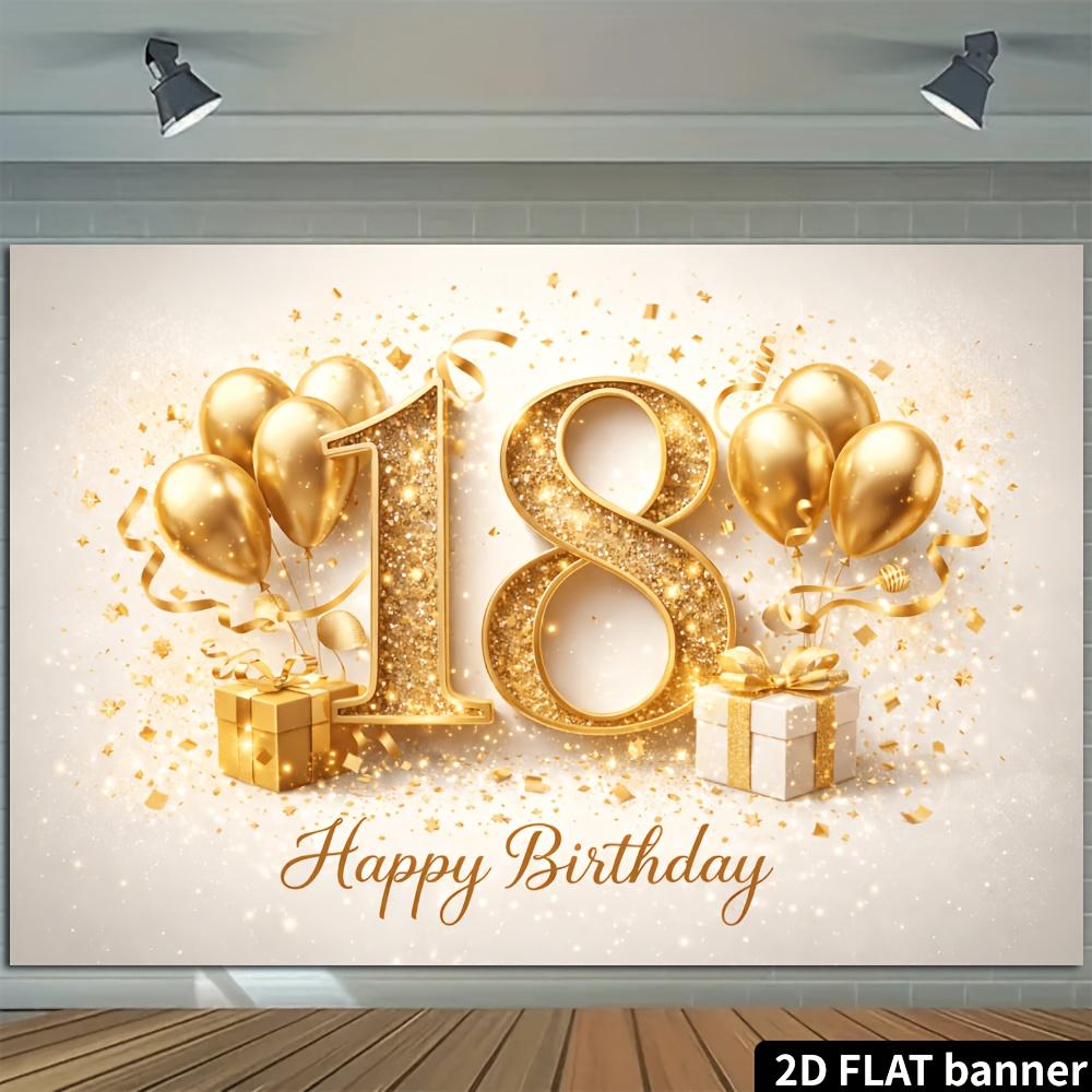 2D plane 18th birthday party banner background with golden sequin texture and digital 18 theme.PMJ