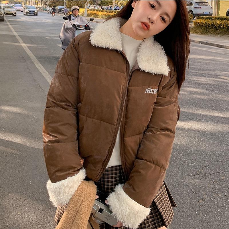 

Lamb wool lapel cotton clothes women s winter clothes new retro short cotton clothes bread clothes student coats trendy 2XL темно-коричневого