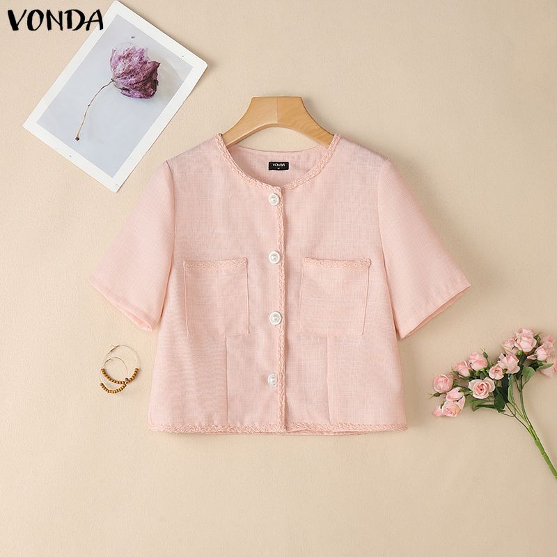 VONDA Elegant Women Short Sleeve Texture Hem Patchwork Buttons Casual Cropped Blouse Tops