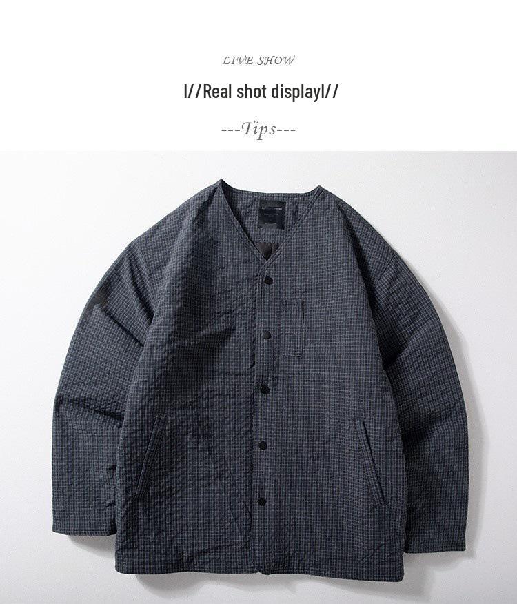 Retro Kragenlose Stepp karierte Baumwolljacke für Herren - Japanischer Stil Warme Schicht