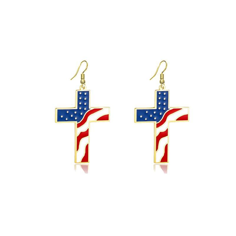 USA Flag Necklace Earrings Set Alloy Cross Pendant Patriotic Themed Jewelry for Men Women 4th of July Celebration Wear