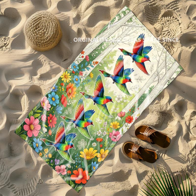 Rainbow Birds Floral Beach Towel Patterned Sunscreen And Windproof Suitable For Swimming Pool Camping Travel