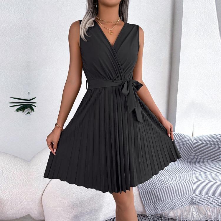 Abito Estivo da Donna Elegante a Vita Alta con Scollo a V Incrociato, Monocolore, Senza Maniche, Allacciatura, Moda, Temperamento, Primavera