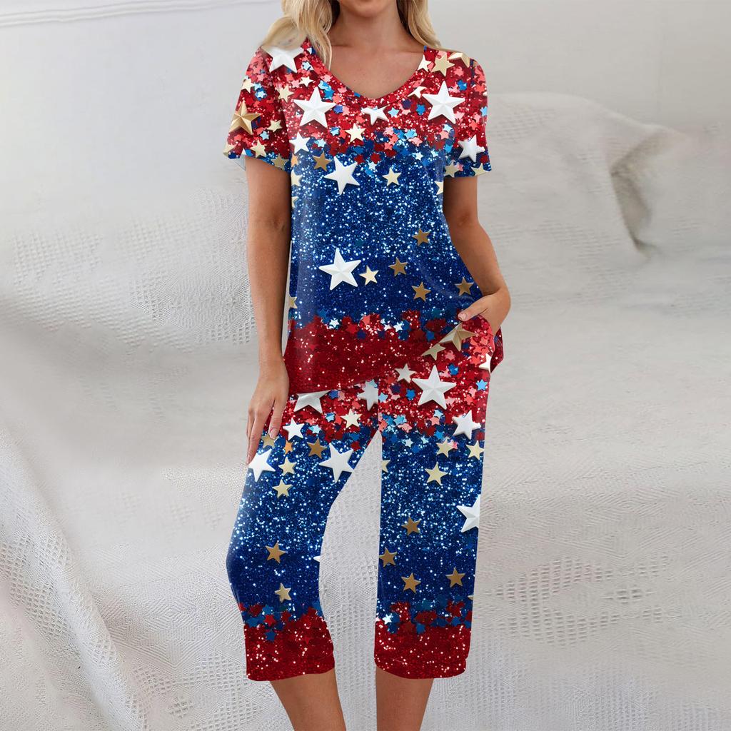 2 Piece Sets For Women Short Sleeve Top And Pants With Pockets Workout Soft  Print Sets