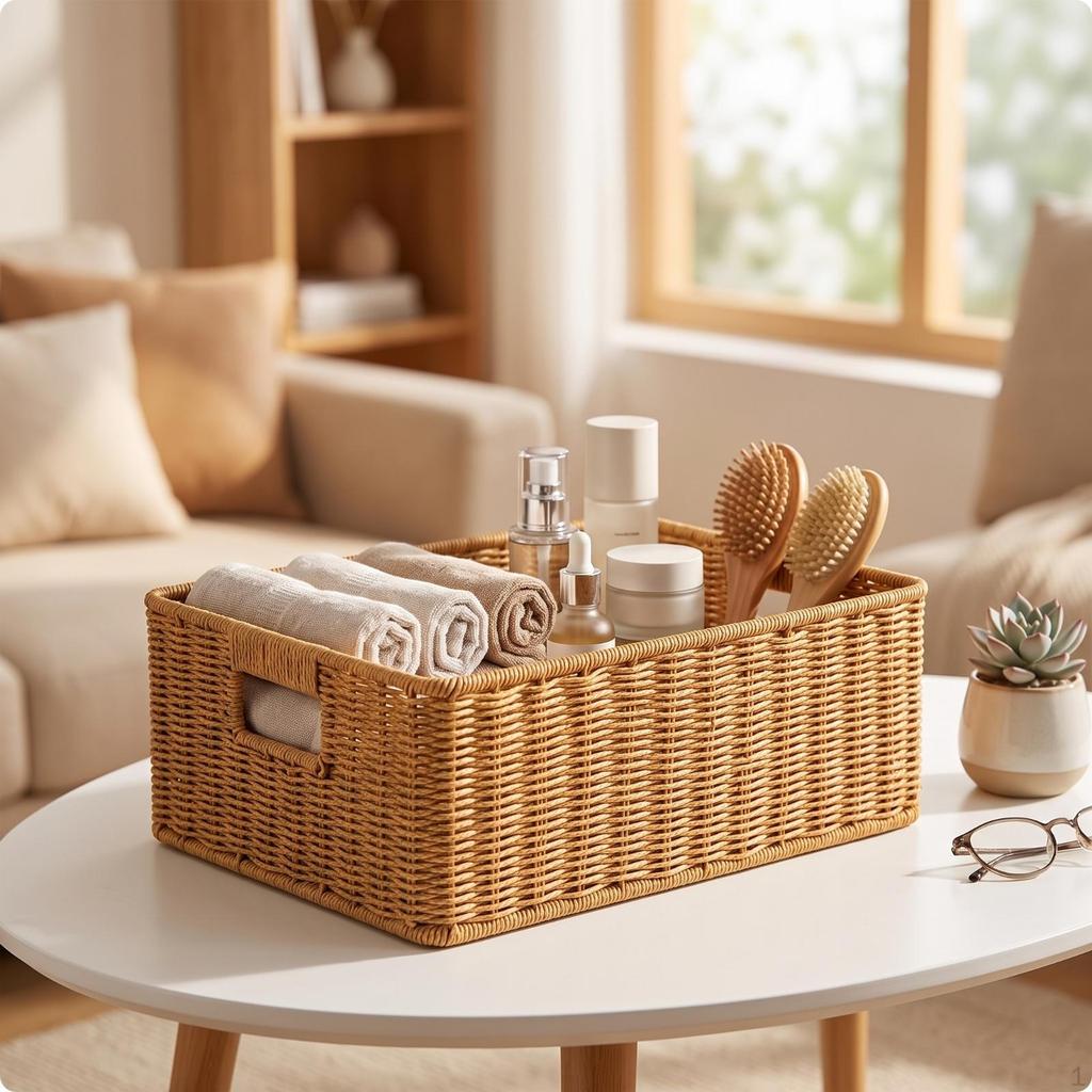 Woven Storage Basket with Handles Sturdy for Pantry, Bathroom Cabinet
