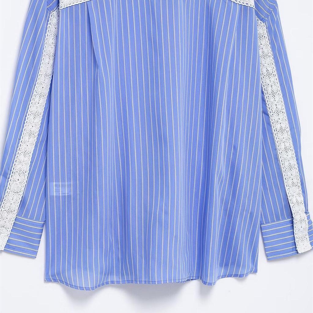 2025 Spring Women's Striped Poplin Loose Fit Shirt with Turn-Down Collar