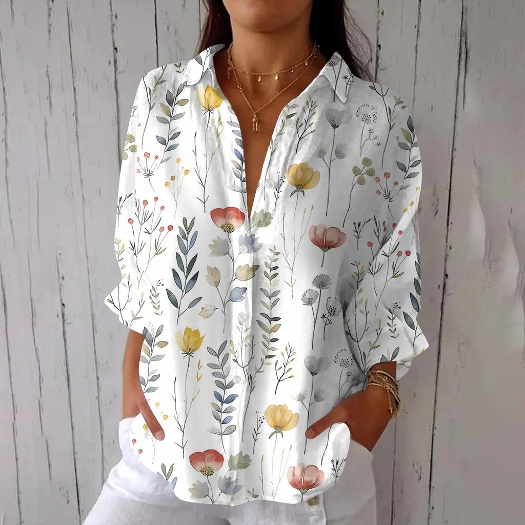 Women's Fashion Seven Sleeve Casual Lapel Back Tie Shirt Printed T-Shirt Top