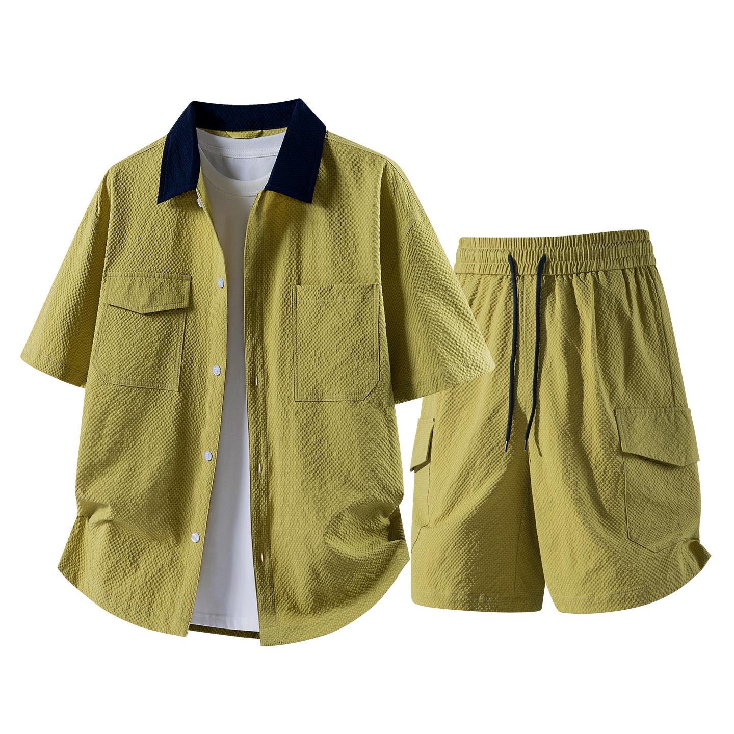 

Summer Solid Color Basic Versatile Ice Silk Set Men s Shirt Short Sleeved Set Men s Two-piece Set XL