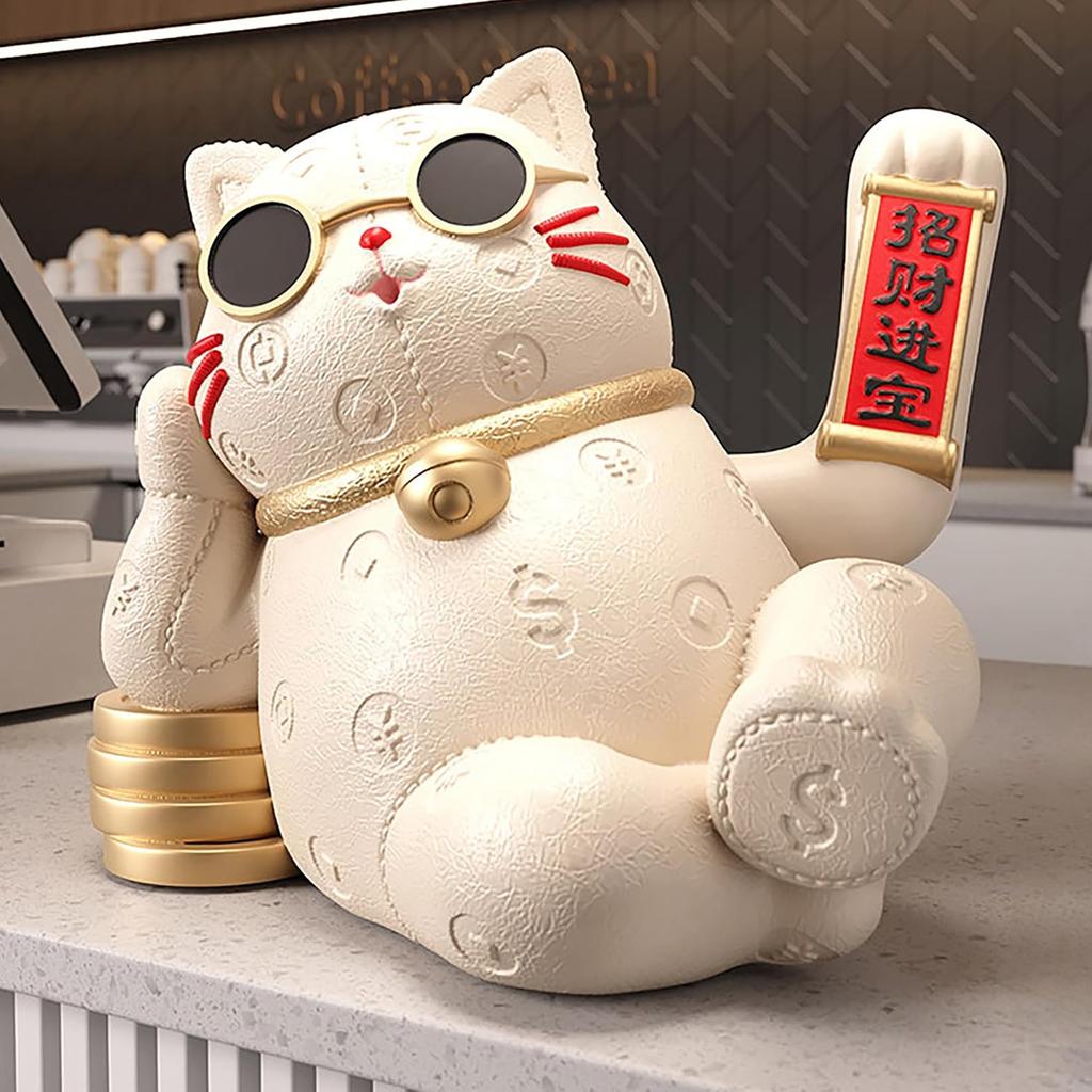Aris & Juno Coole Sonnenbrille Glückskatzen-Statue - Harz Modernes Feng Shui Dekor für Zuhause Büro Geschäft, für Glück