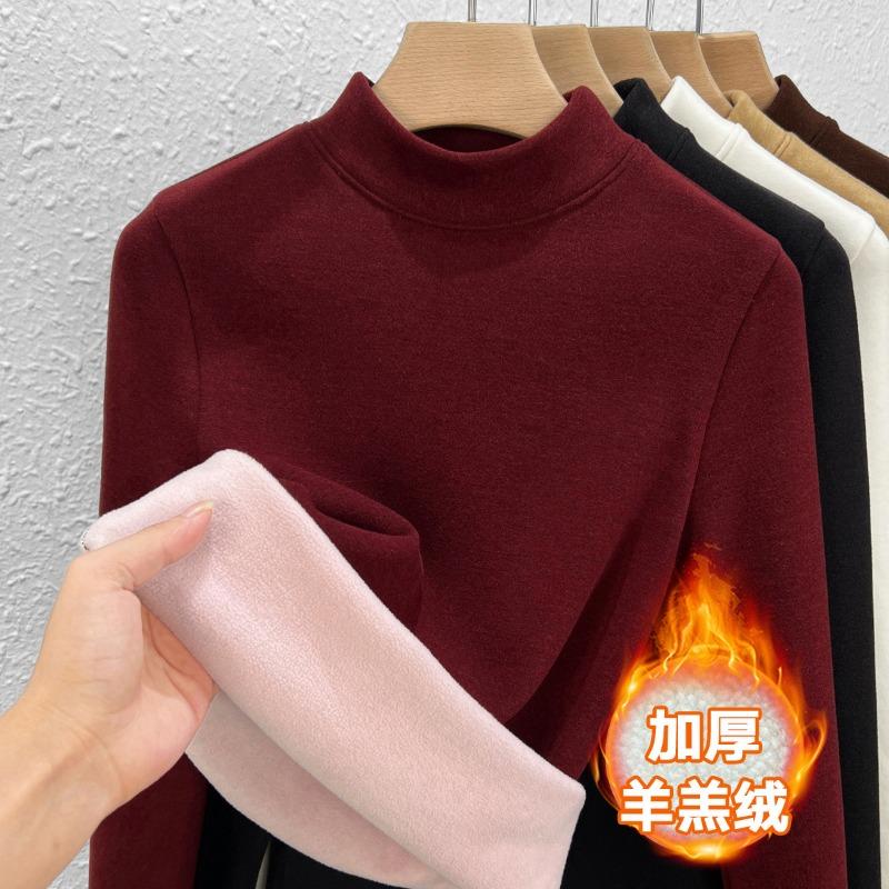 Semi-turtleneck wool bottoming shirt women's autumn and winter lamb wool with new velvet thickened warm velvet winter top