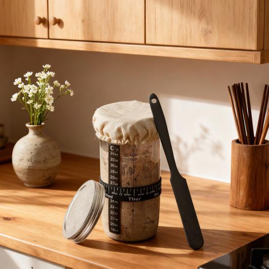 Fermentation Tank Sourdough Starter Kit with Large Capacity Glass Jar Aluminum Lid Seal Breathable Cloth Cover Temperature Label Feeding Band Spatula