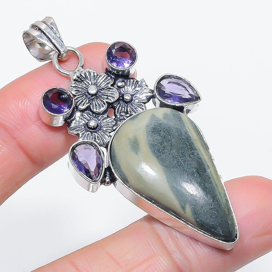 Natural Imperial Jasper, Amethyst 925 Sterling Silver Jewelry Pendant 2.36" V5z55