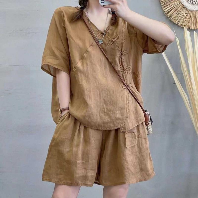 Women s Retro Chinese Frog Button Linen Shirt & Wide-Leg Pants Set L