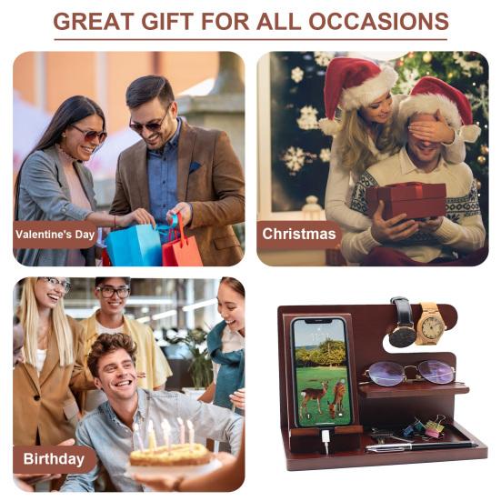Phone Holder Stable Multifunctional Wooden Phone Organizer Key Wallet Watch Storage Shelf for Bedside Table