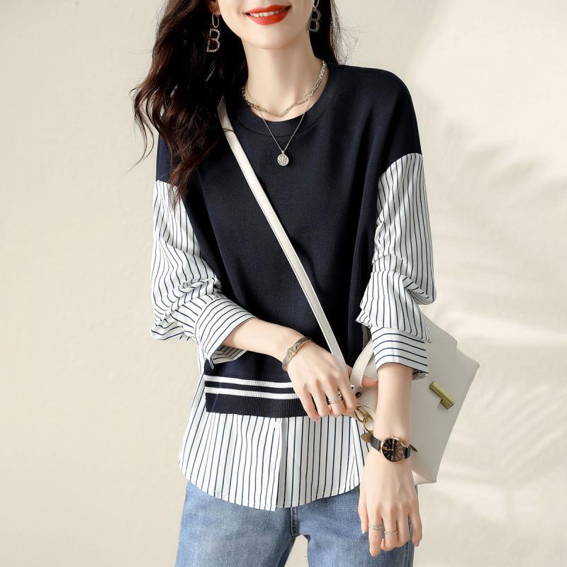 Cămașă subțire cu dungi, falsă din două piese, de toamnă, nouă, casual și versatilă, cu temperament, pentru femei, top simplu cu gât rotund