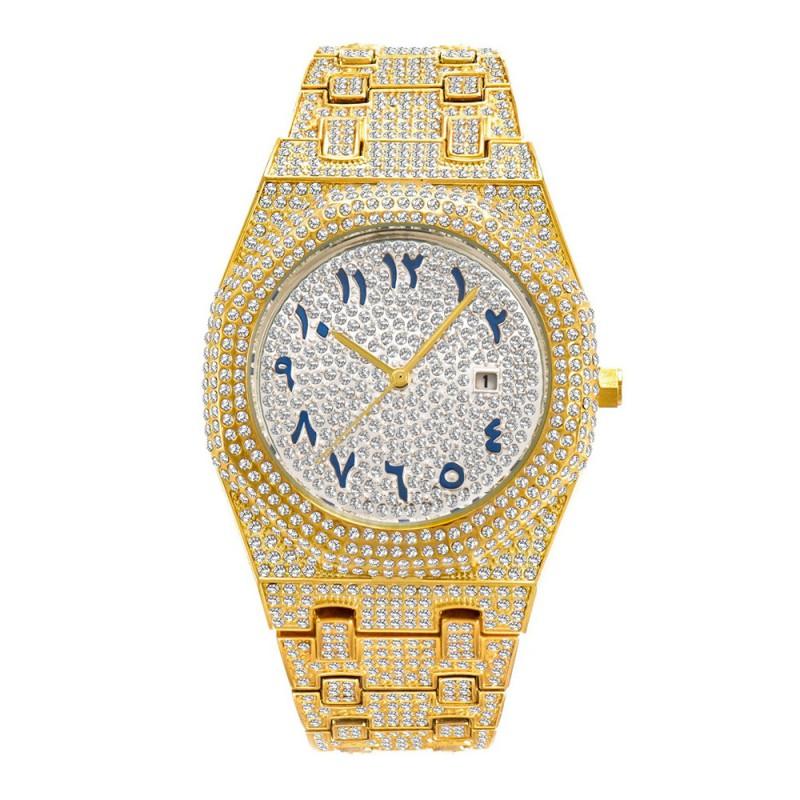 MISSFOX Hip Hop Style Mens Quartz Watch With Full Crystal Dial Arabic Numerals Gold 45mm Polygonal Case