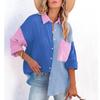 Women's Cotton Linen Color Block Loose Fit Long-sleeved Shirt - Elegant Drop Shoulder Design