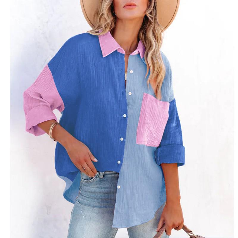 Women's Cotton Linen Color Block Loose Fit Long-sleeved Shirt - Elegant Drop Shoulder Design