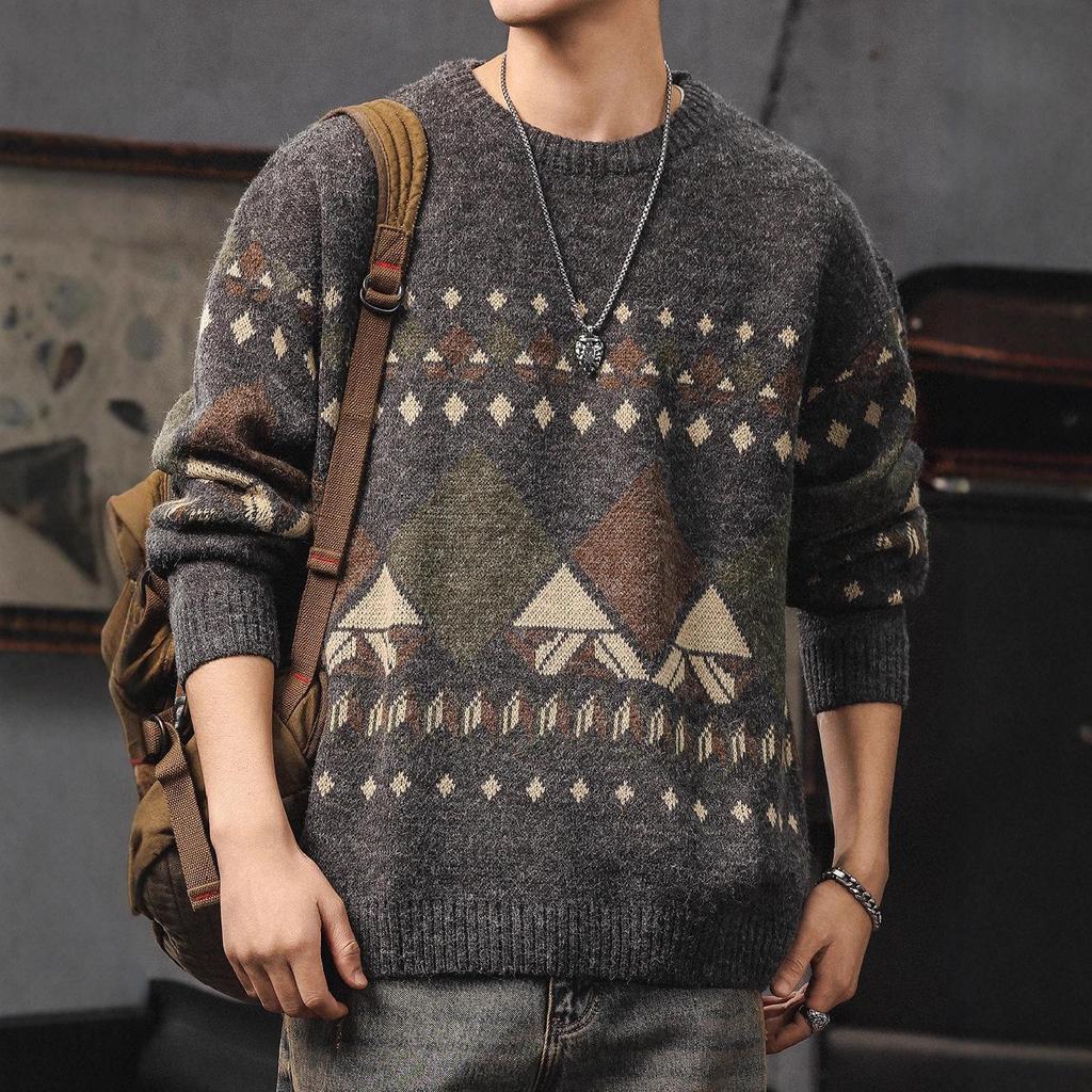 Herren Retro Ethnischer Dicker Strickpullover - Winter Übergröße Warme Schicht