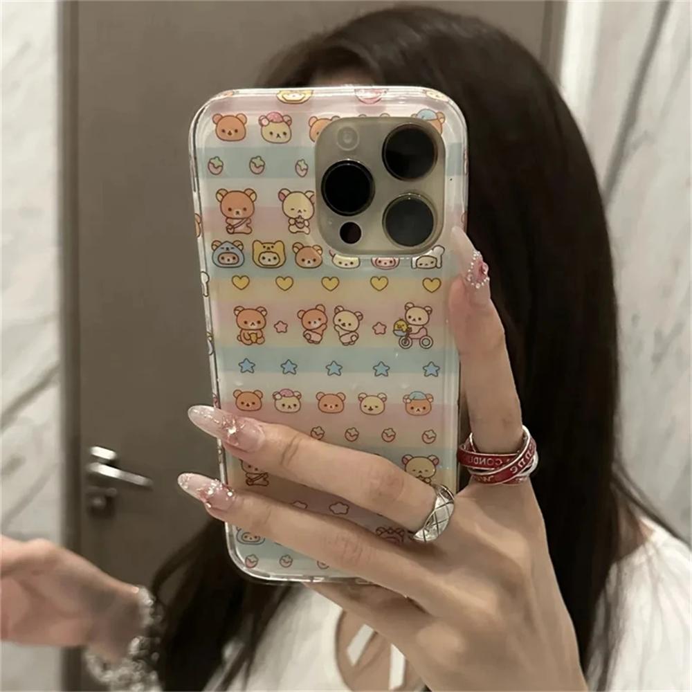 Korean Cute Cartoon Bear Clear Phone Case For iPhone 16 15 14 13 12 Pro Max 16 Pro Shockproof Lens Protective Soft Cover Gift